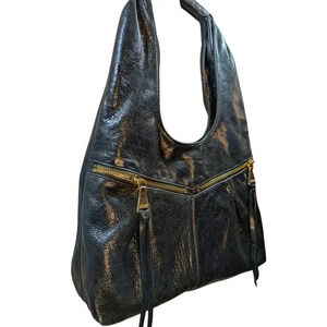Aimee Kestenberg Large Hobo Black Distressed Leather Handbag Gold Zippers